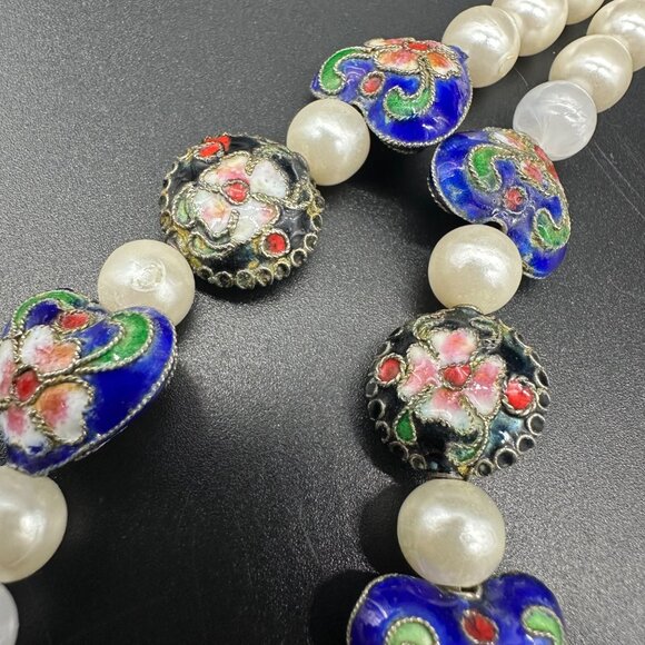 Vintage Cloisonne Floral Faux Pearl Necklace Earrings Set Heart Beads Blue Black - Picture 5 of 9